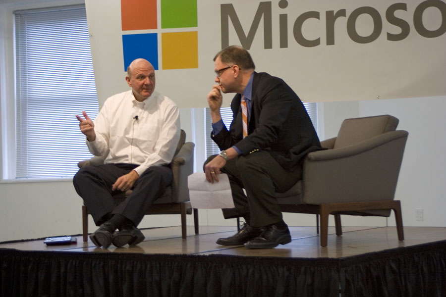 Rutenbar interviewing former Microsoft CEO, Steve Ballmer, in Chicago